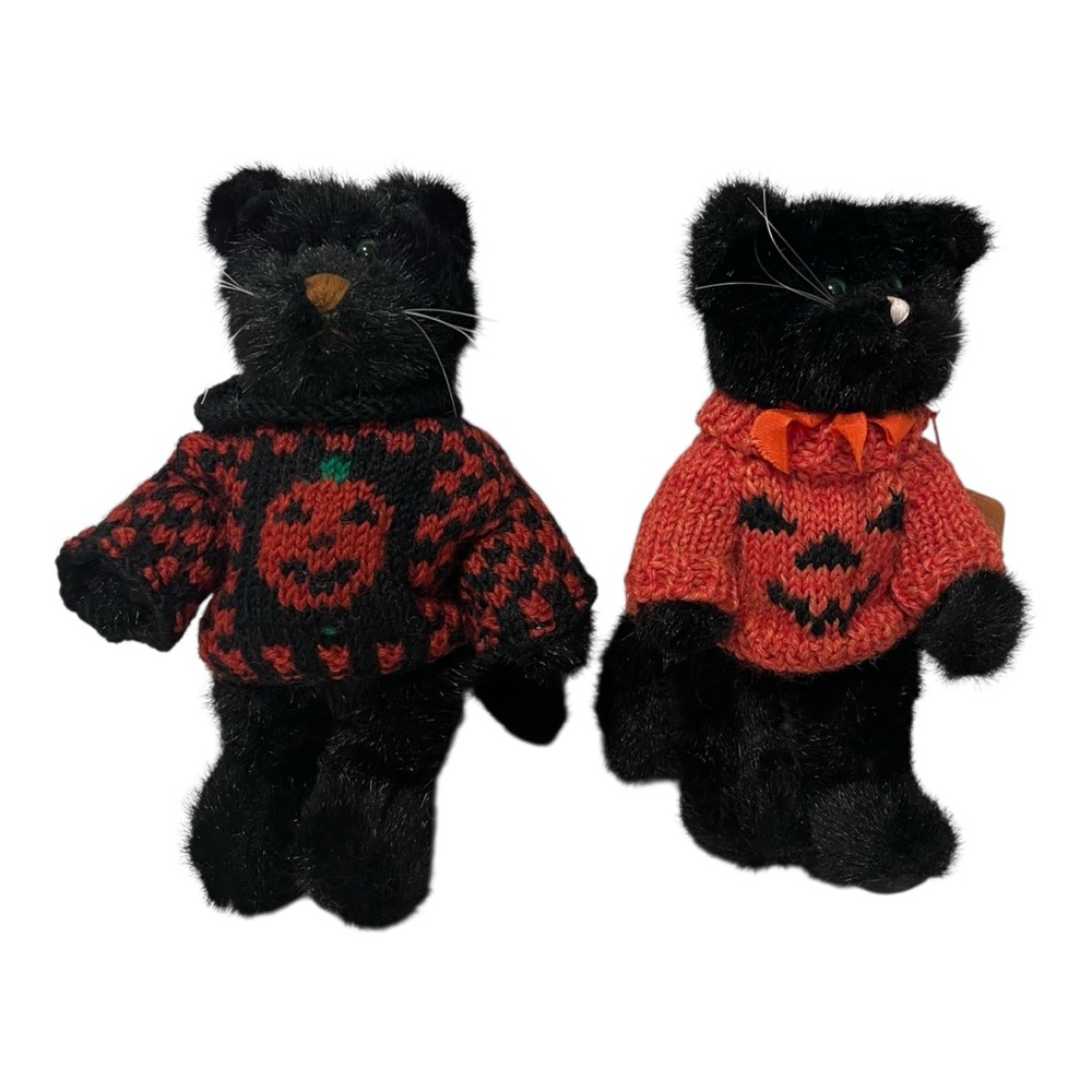 Boyds Bears Inky Catterwall & Punkin Puss Black Plush Cats Halloween Sweaters